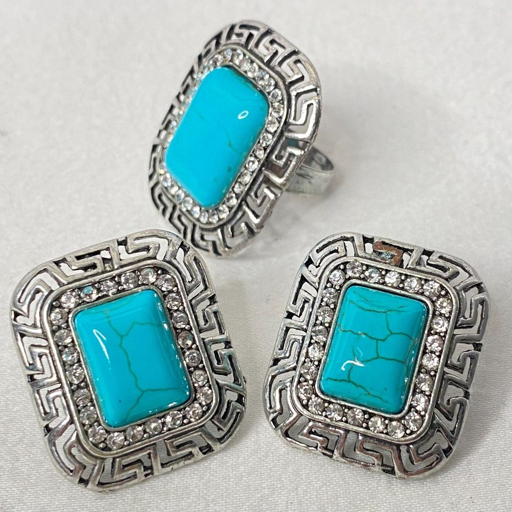 💎Southwest Style Earrings & Ring Faux Turquoise Stones Rhinestones Silver Frame